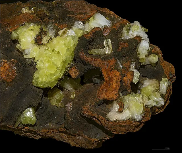Adamite (Zn₂AsO₄(OH)) : minéral de la famille « phosphates, arséniates et vanadates », système orthorhombique, dureté 3,5 (Mohs), couleurs : jaune, vert, incolore, violet