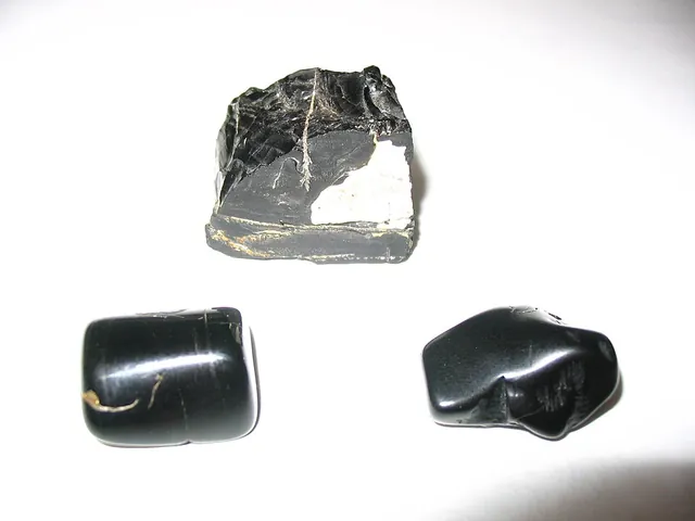Jais (C (lignite fossile)) : minéral de la famille « composés organiques », système amorphe, dureté 2,5 à 4 (Mohs), couleurs : noir