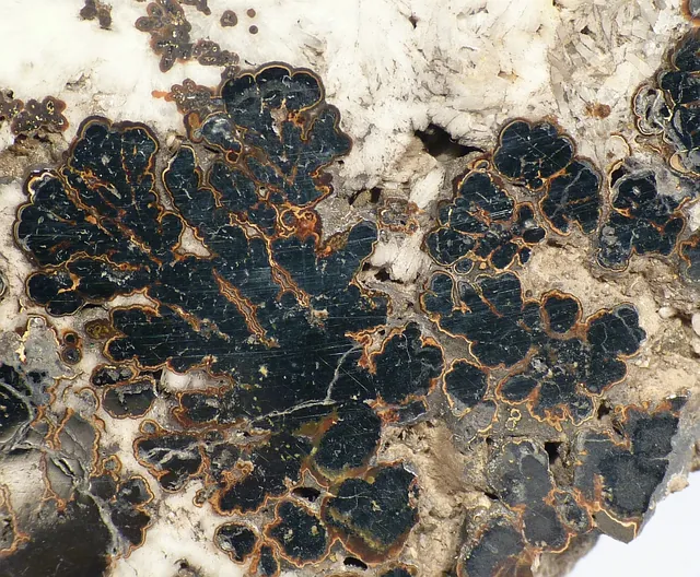 Jordanite (Pb₁₄(As,Sb)₆S₂₃) : minéral de la famille « sulfures et sulfosels », système monoclinique, dureté 3 (Mohs), couleurs : gris plomb, noir