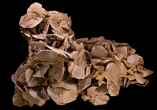 Rose des sables (CaSO₄·2H₂O) : minéral de la famille « sulfates, chromates, molybdates et tungstates », système monoclinique, dureté 2 (Mohs), couleurs : beige, ocre, rose saumon