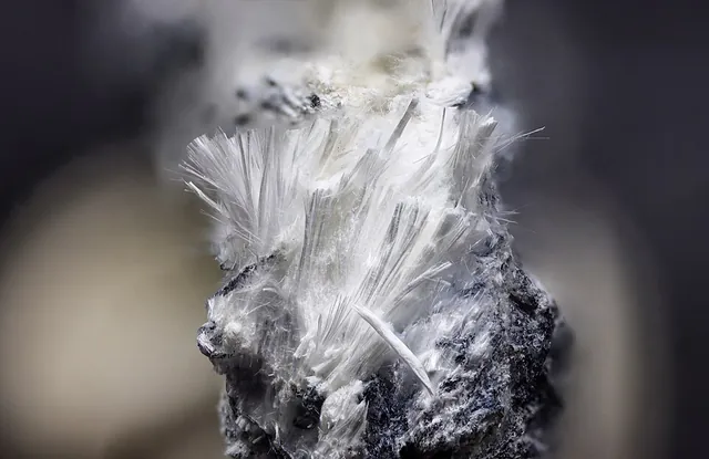 Szaibélyite (MgBO₂(OH)) : minéral de la famille « borates », système monoclinique, dureté 3 à 3,5 (Mohs), couleurs : blanc, gris