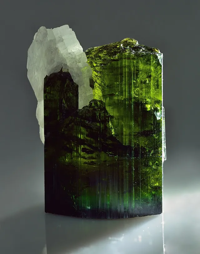 Verdélite (Na(Li,Al)₃Al₆(BO₃)₃Si₆O₁₈(OH)₄) : minéral de la famille « silicates (cyclosilicates) », système trigonal, dureté 7 à 7,5 (Mohs), couleurs : vert, vert olive