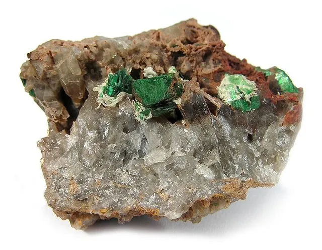 Volborthite (Cu₃V₂O₇(OH)₂·2H₂O) : minéral de la famille « phosphates, arséniates et vanadates », système monoclinique, dureté 3,5 (Mohs), couleurs : vert olive, vert jaune